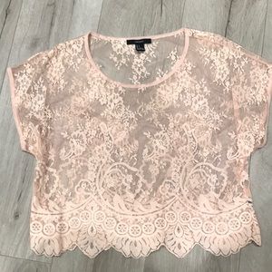 Beige pink short sleeve lace top